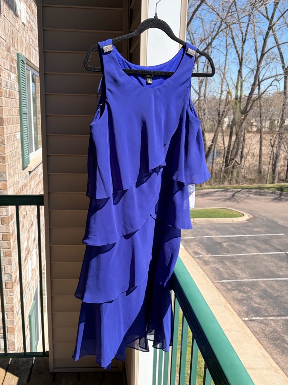 🆕🫐SLNY Blue Layered Chiffon Dress Size 6 Ruffle Cocktail Party Wedding Guest - Picture 4 of 16